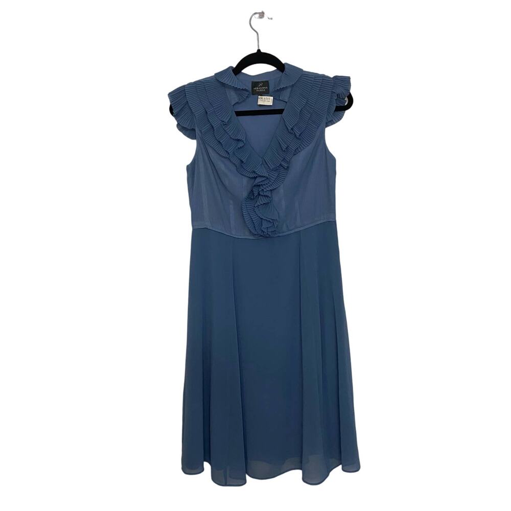 Adrianna Papell Womens Blue Ruffled Midi Dress Sleeveless Wedding Guest Cocktail